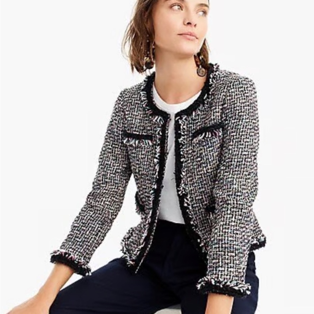 J Crew Multicolored Tweed Blazer with Fringe